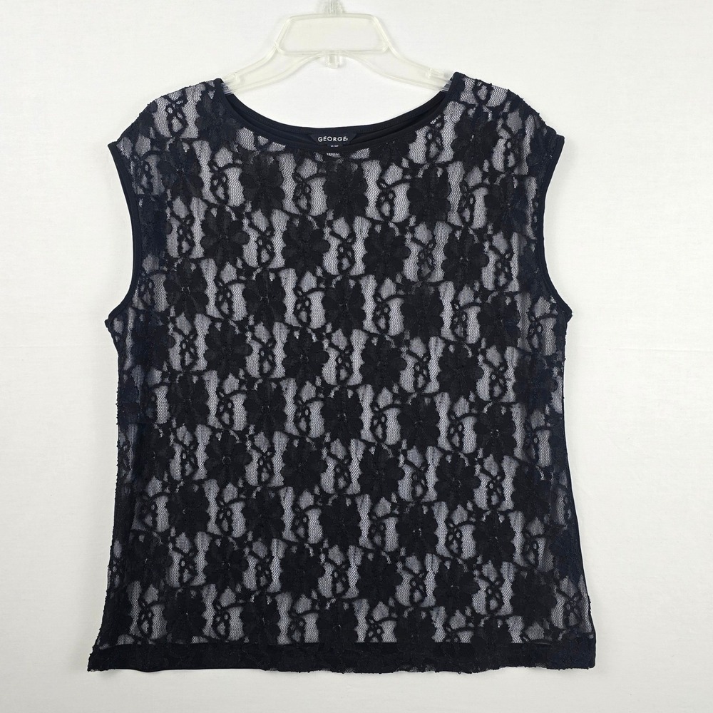 George Lace Front Lined Sleeveless Round‎ Neck Women Top Black XL